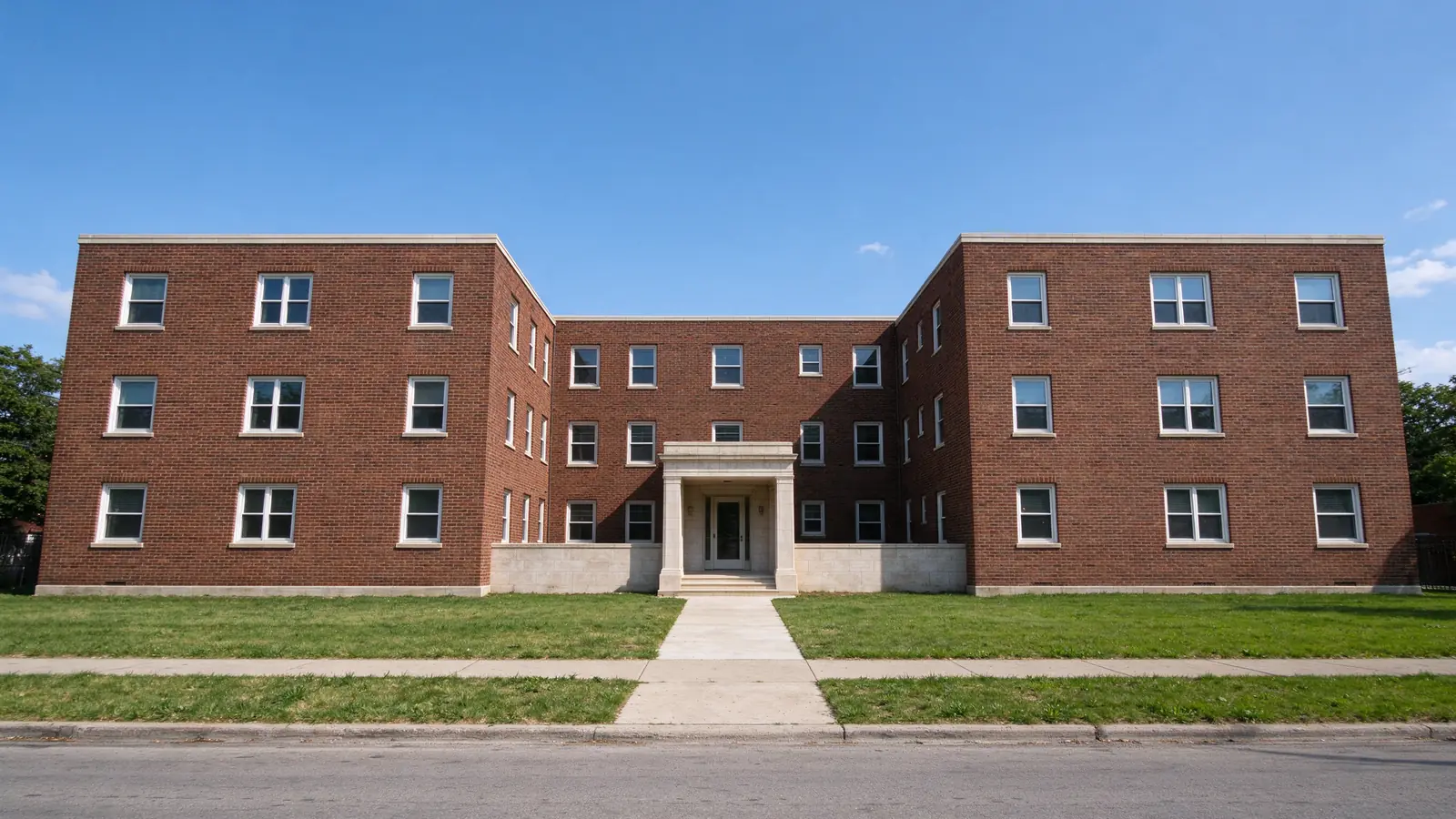 1920s brick courtyard apartment building with limestone entries in Rogers Park, Chicago.