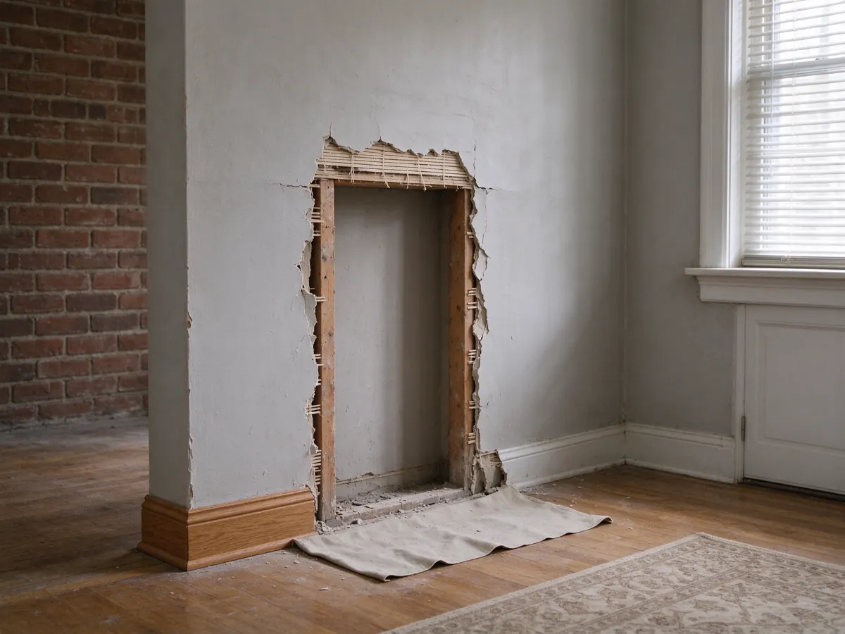 Tall opening in a plaster wall exposing studs and lath, with a protective floor covering.