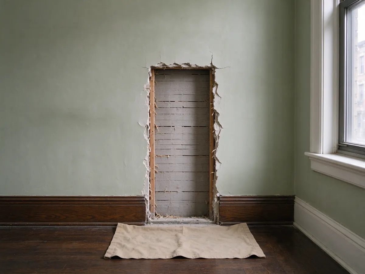 Rectangular opening in a green plaster wall exposing wood backing, with a floor cloth below.