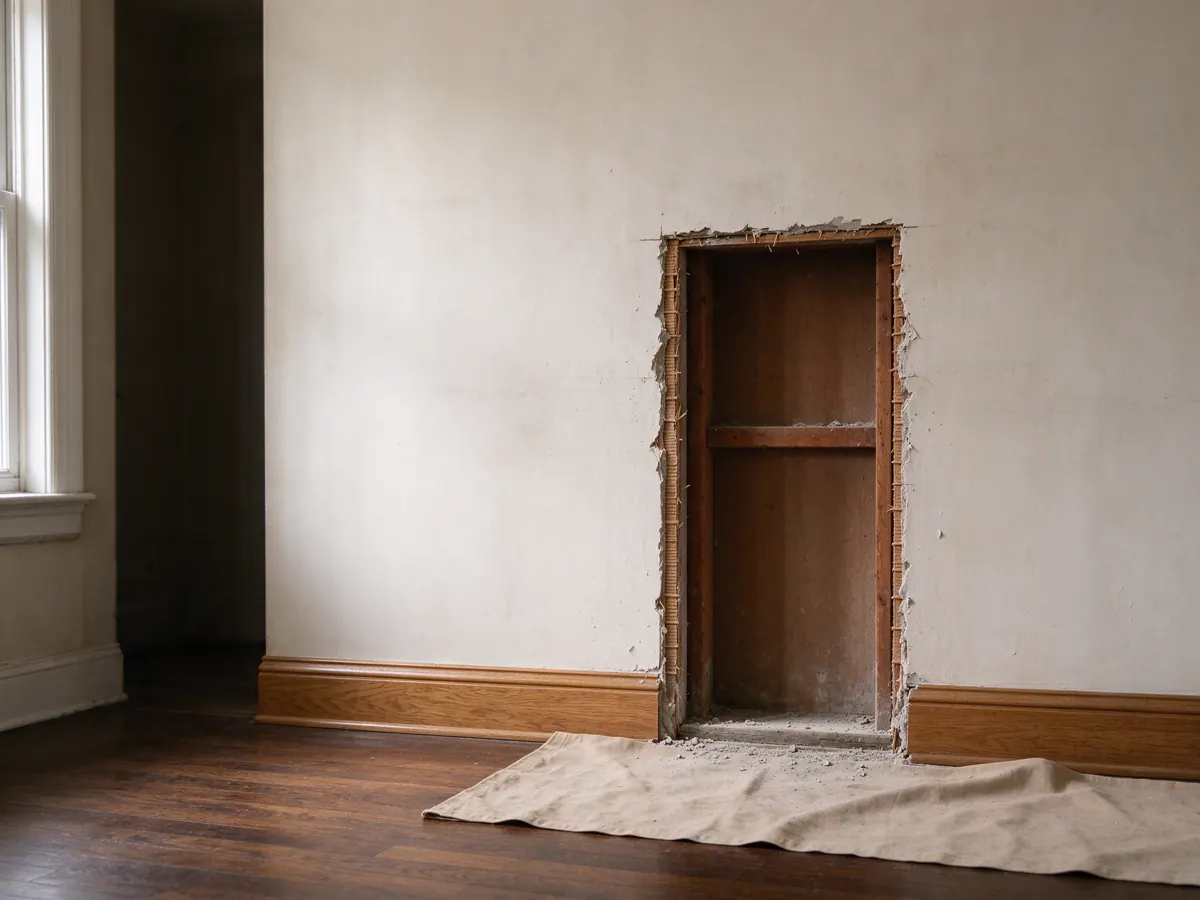 Vertical plaster wall opening exposing wood backing and a horizontal framing member.