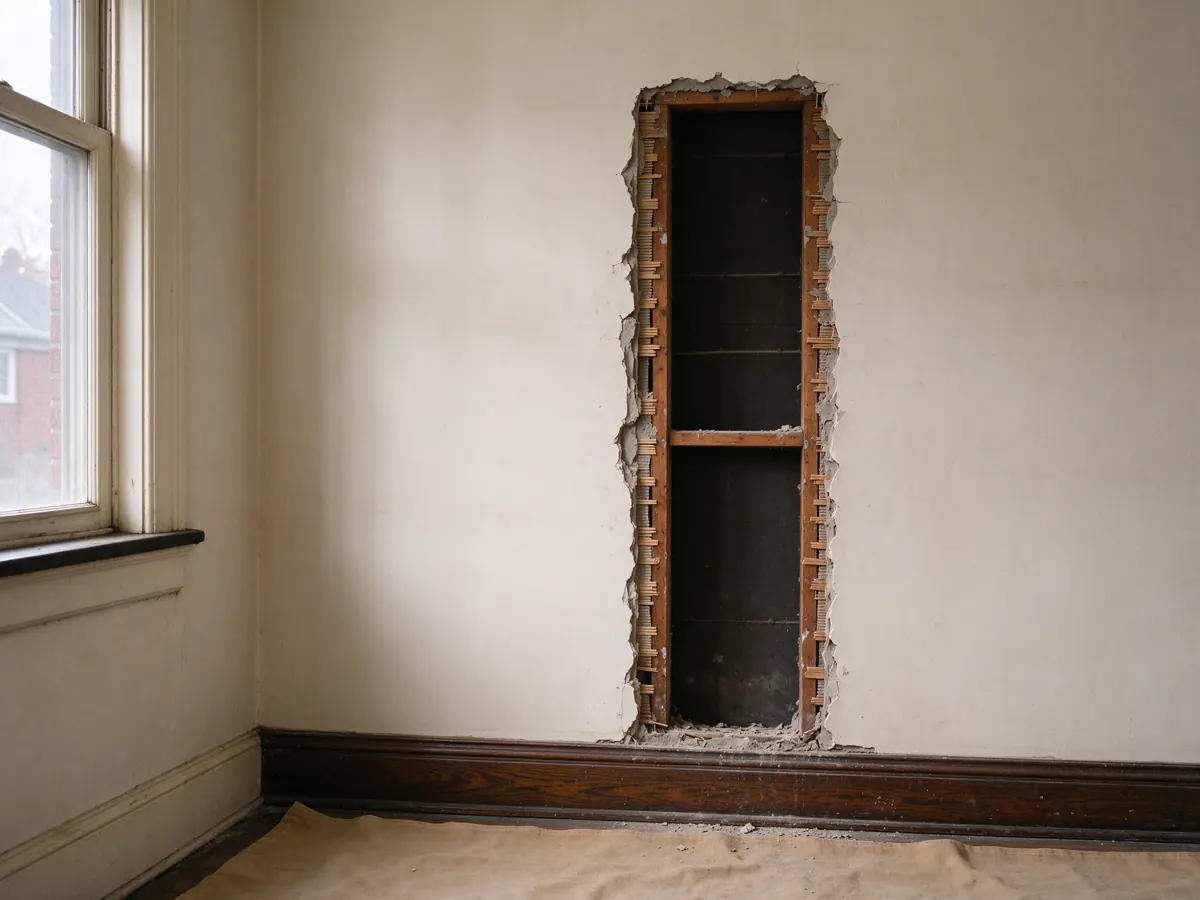 Tall narrow wall opening exposing wood framing above a canvas floor covering.