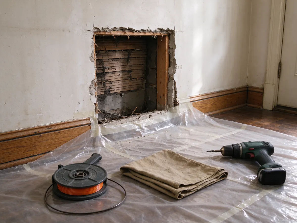 Opening in a plaster wall exposing wood lath and framing, with tools on the protected floor.