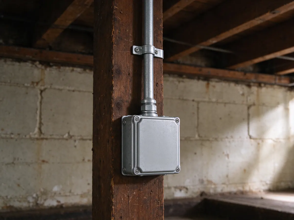Covered metal electrical box with vertical conduit mounted on a wooden post.
