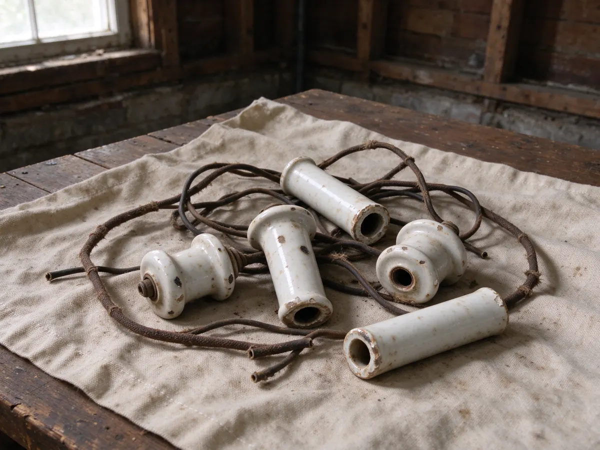 Loose porcelain knobs, tubes and dark wire pieces on a canvas-covered wooden workbench.