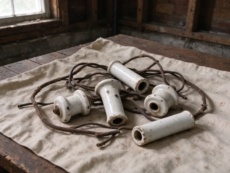 Loose porcelain knobs, tubes and dark wire pieces on a canvas-covered wooden workbench.