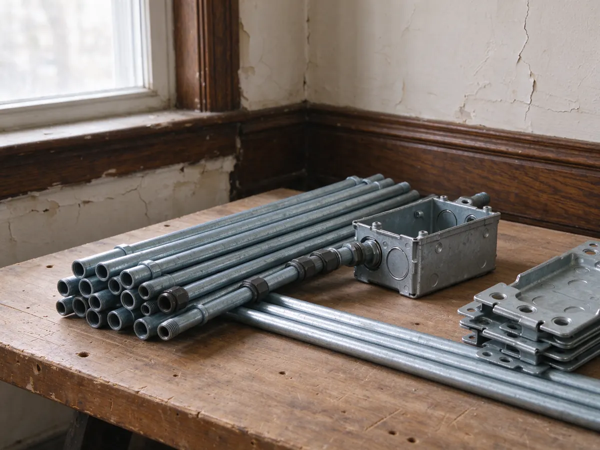 Metal conduit lengths, electrical boxes and fittings laid out on a wooden workbench.
