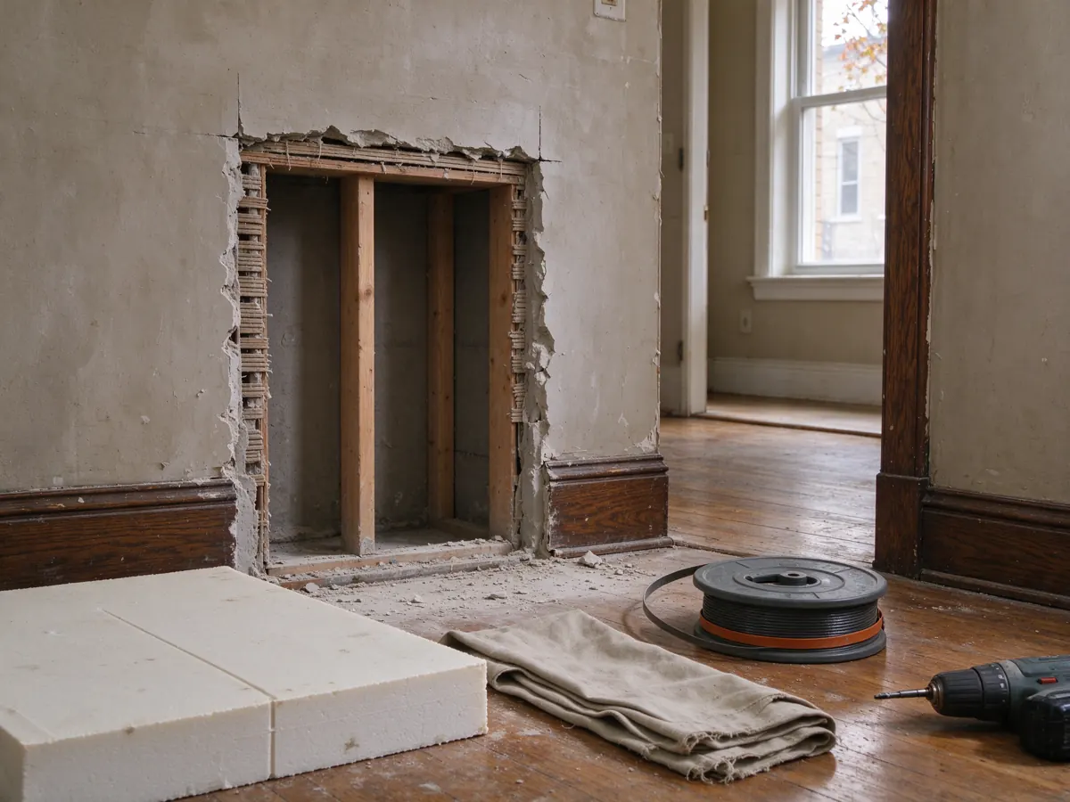 Large plaster wall opening exposing wood studs, with a drill and spool on the floor covering.
