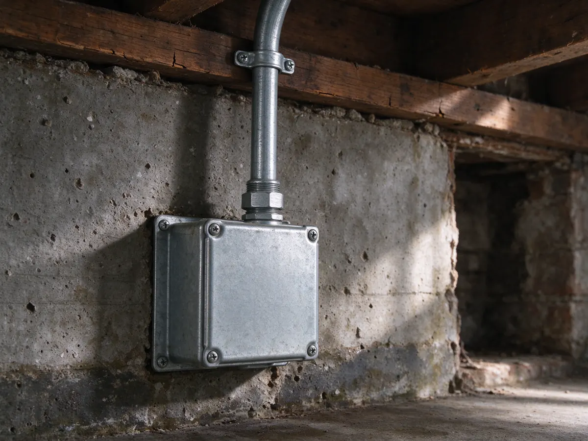 Covered metal electrical box and bent conduit mounted beside a wood beam on a block wall.