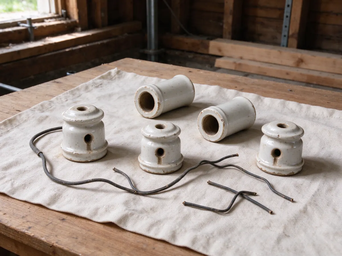 Porcelain knobs, tubes and short wire pieces on a canvas cloth over a wooden workbench.