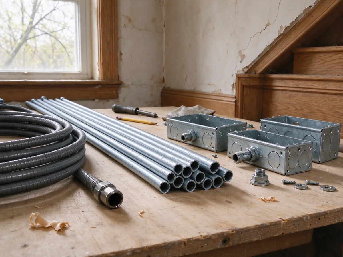 Coiled flexible metal conduit, straight conduit and metal electrical boxes on a workbench.