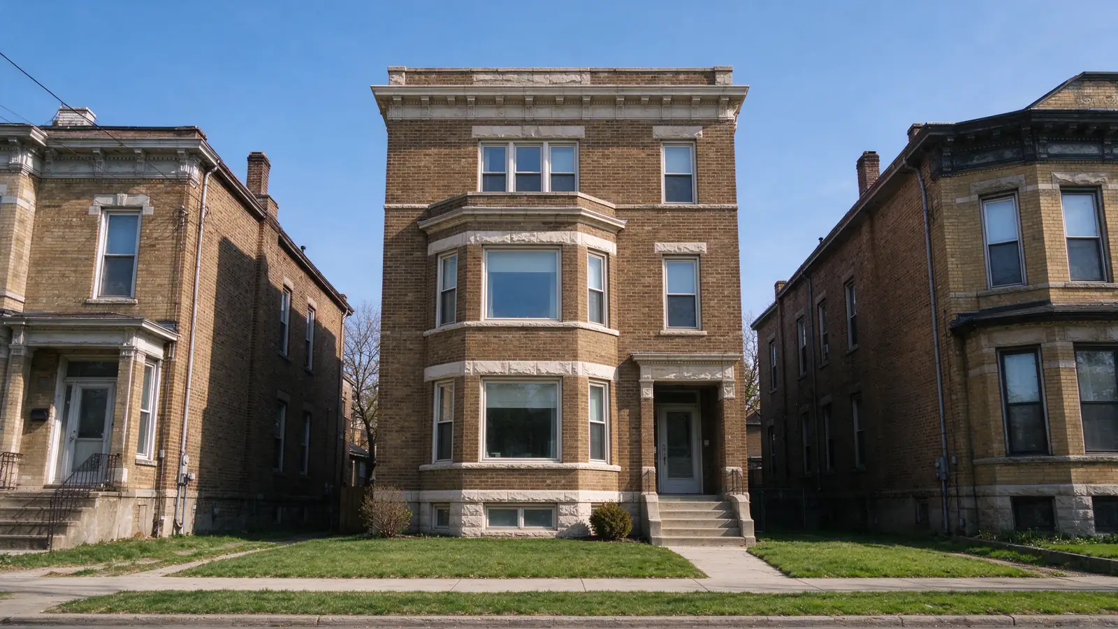 Brown brick three-flat with stacked bay windows and limestone trim in Woodlawn, Chicago.