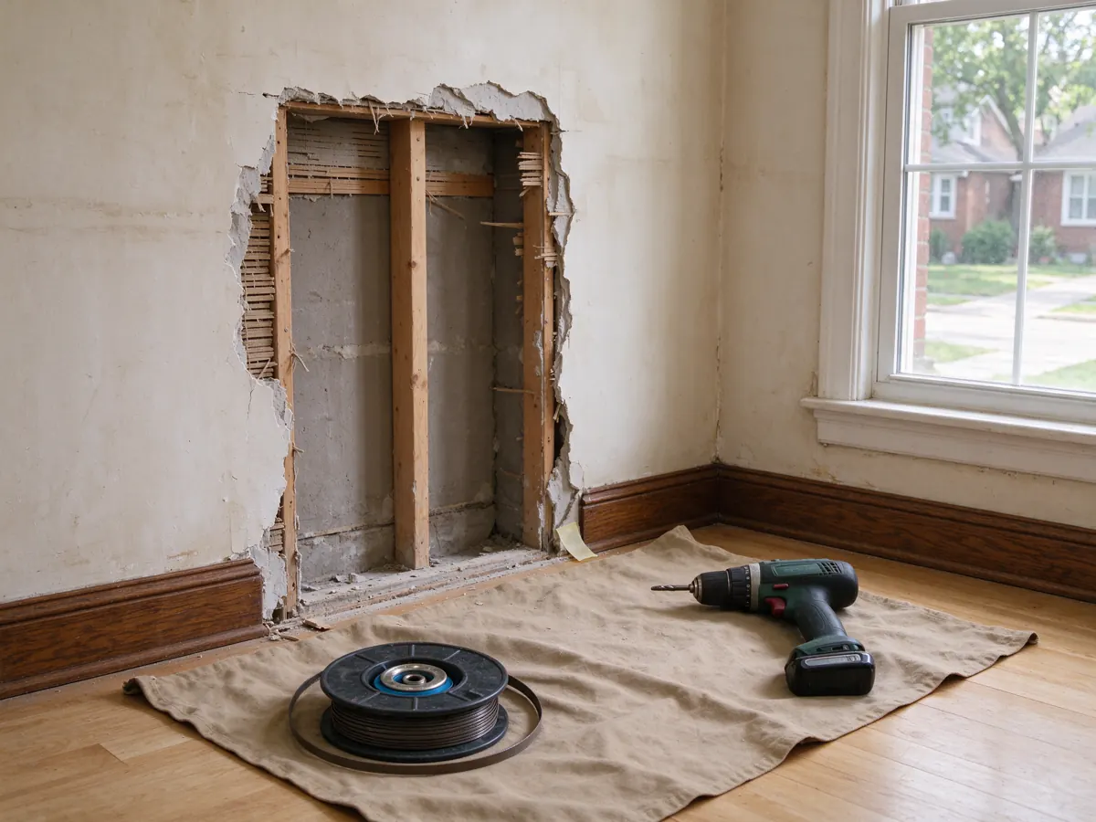 Tall plaster wall opening exposing wood framing and lath, with tools on the floor below.