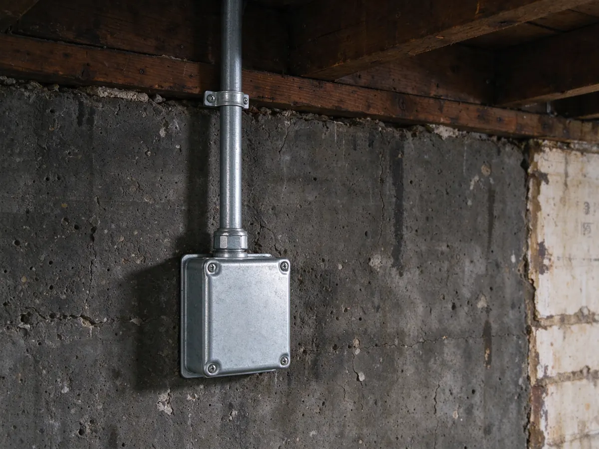 Covered metal electrical box with vertical conduit on a rough masonry wall beside a wood beam.
