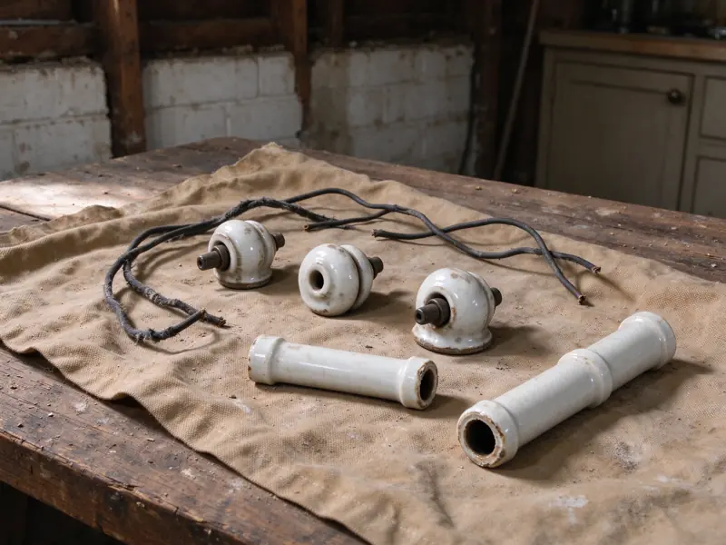 Porcelain knobs and tubes with dark wire pieces laid on cloth over a wooden bench.