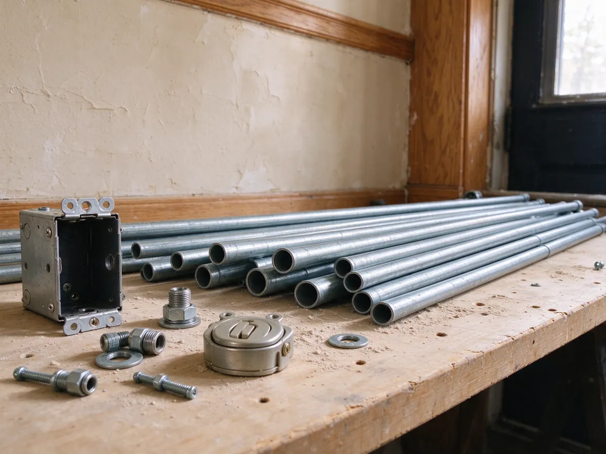 Straight metal conduit, an open metal electrical box and loose fittings on a wooden workbench.