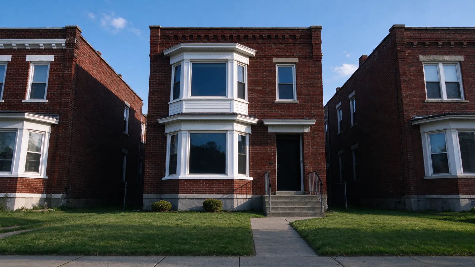 Compact red brick two-flat with stacked bay windows on a clear day in Cicero, Illinois.