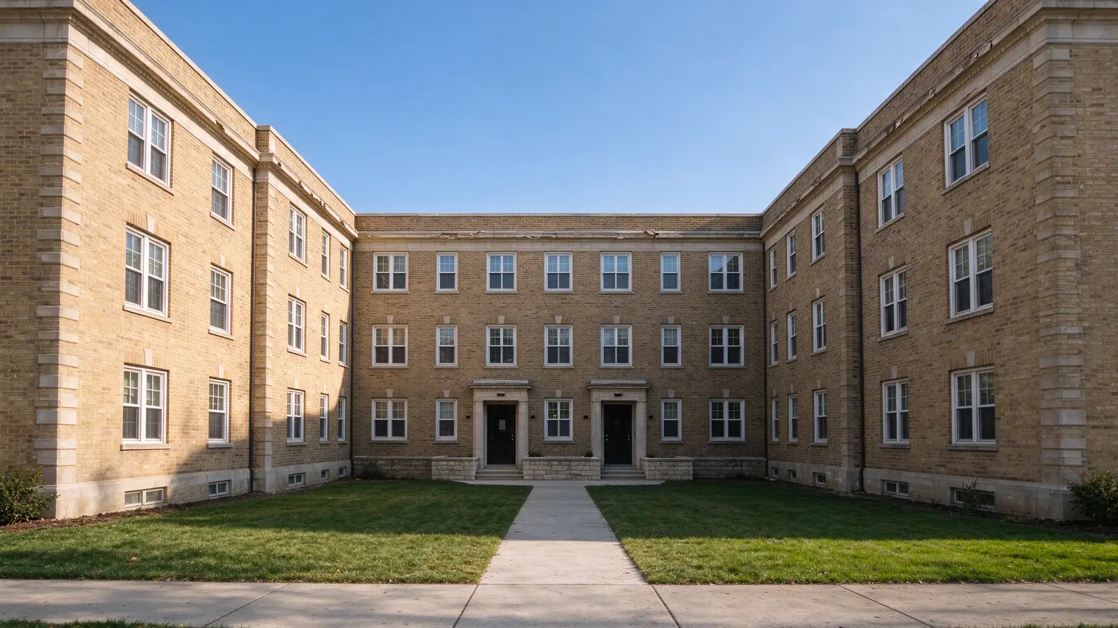 Early twentieth-century brick courtyard apartment building with limestone trim in Evanston, Illinois.