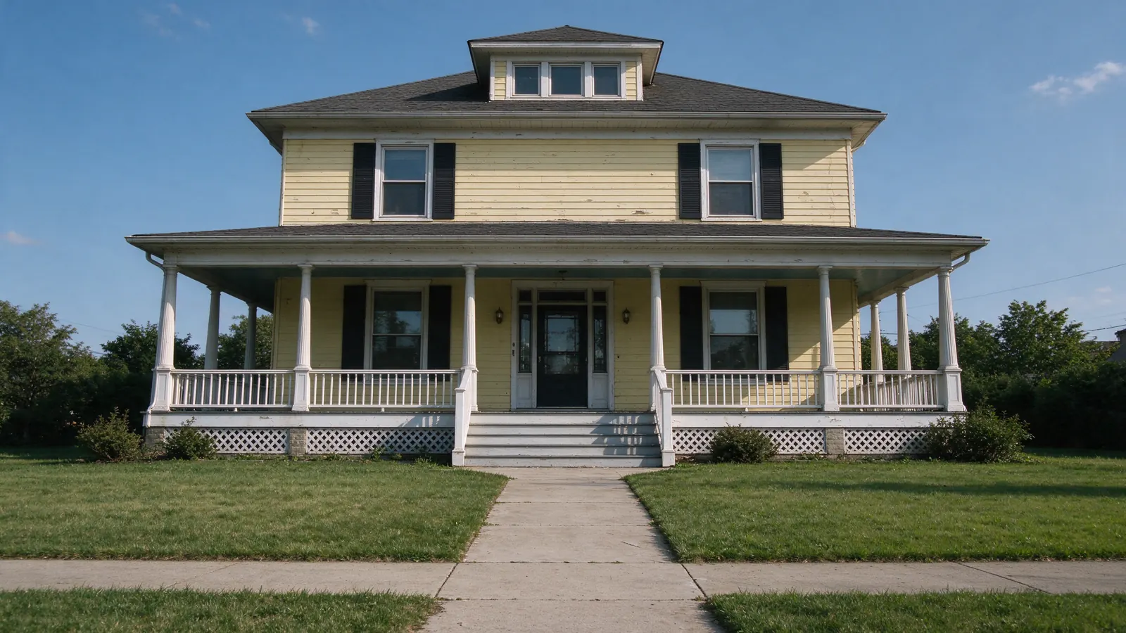 Early twentieth-century Foursquare house with clapboard siding and a full front porch in Waukegan, Illinois.