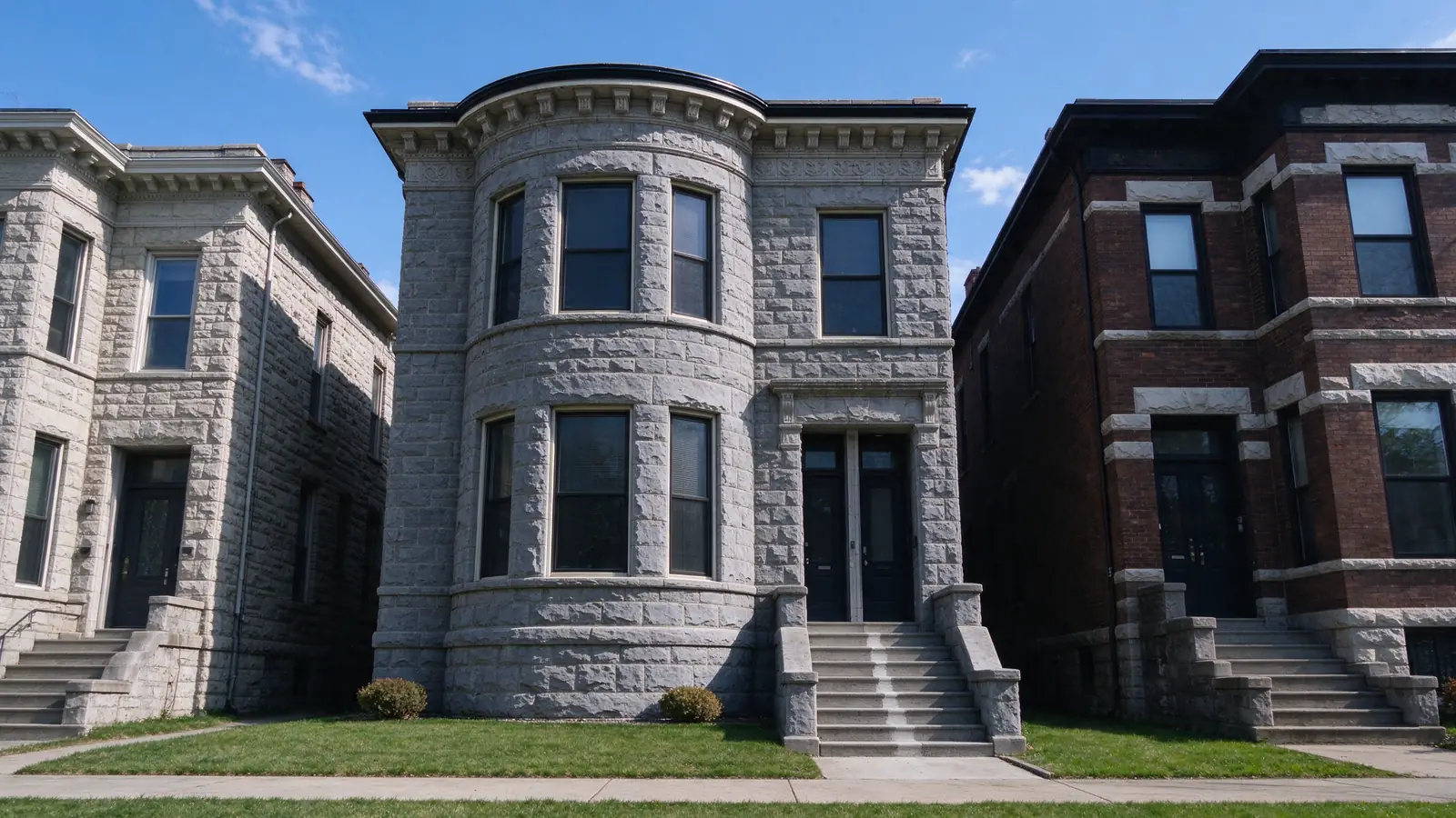 Gray limestone greystone two-flat with a rounded front bay in the Austin neighborhood of Chicago.