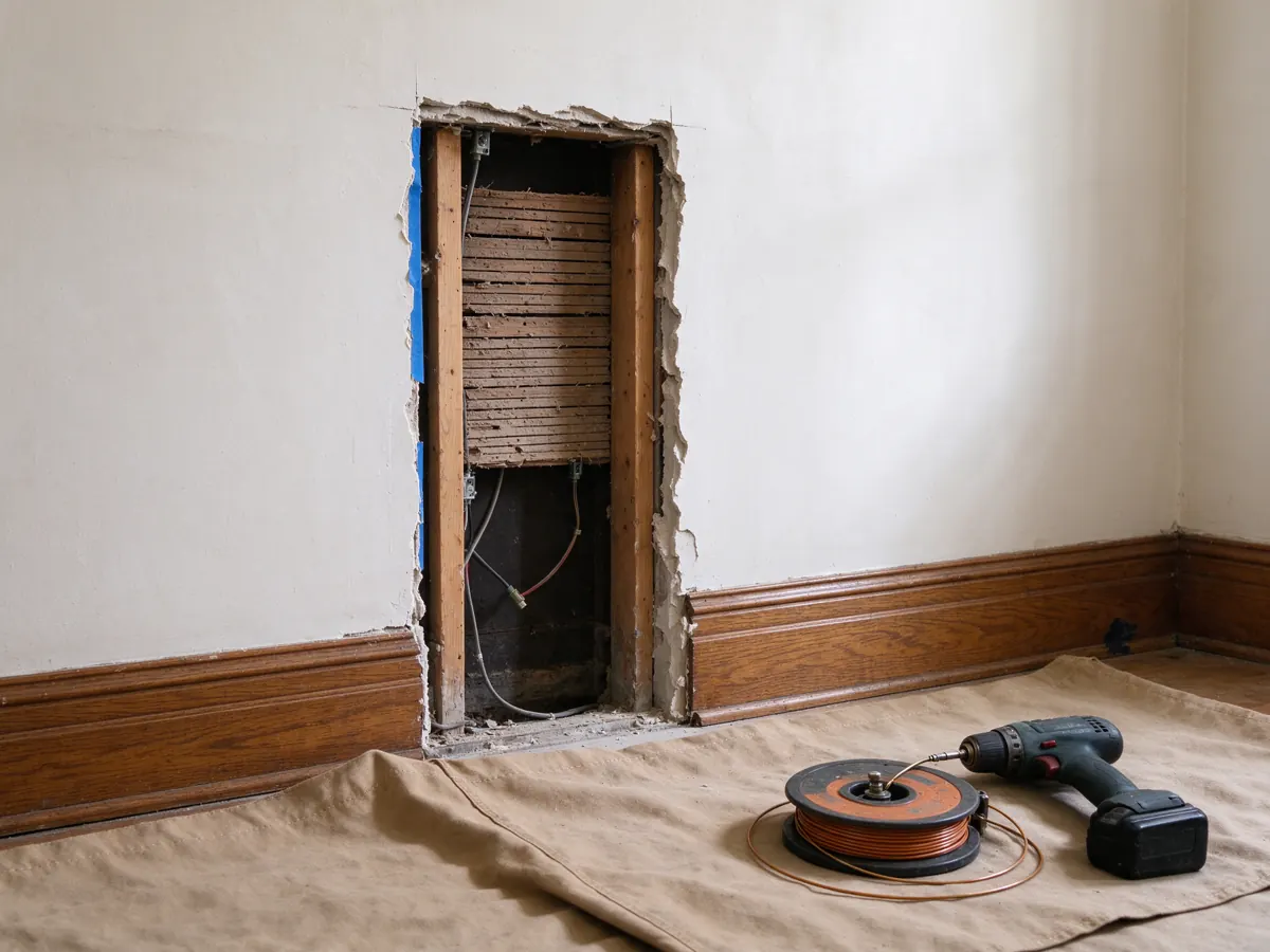 Tall plaster wall opening exposing lath, framing and loose wires, with tools on a floor cloth.
