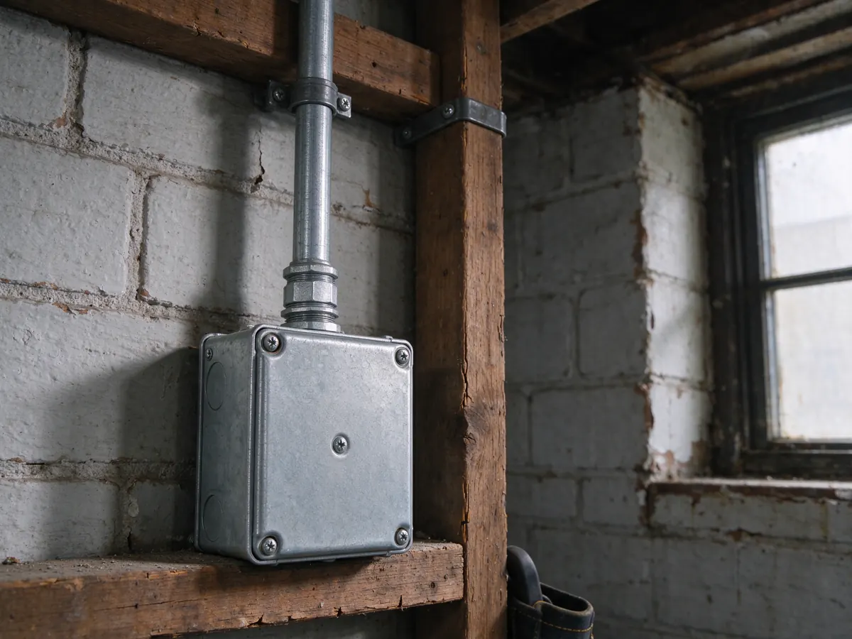 Covered metal electrical box and vertical conduit next to a wooden post and basement window.