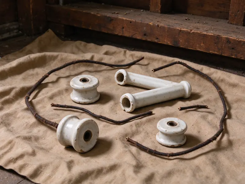 Porcelain knobs, tubes and short dark wire pieces arranged on a canvas-covered workbench.