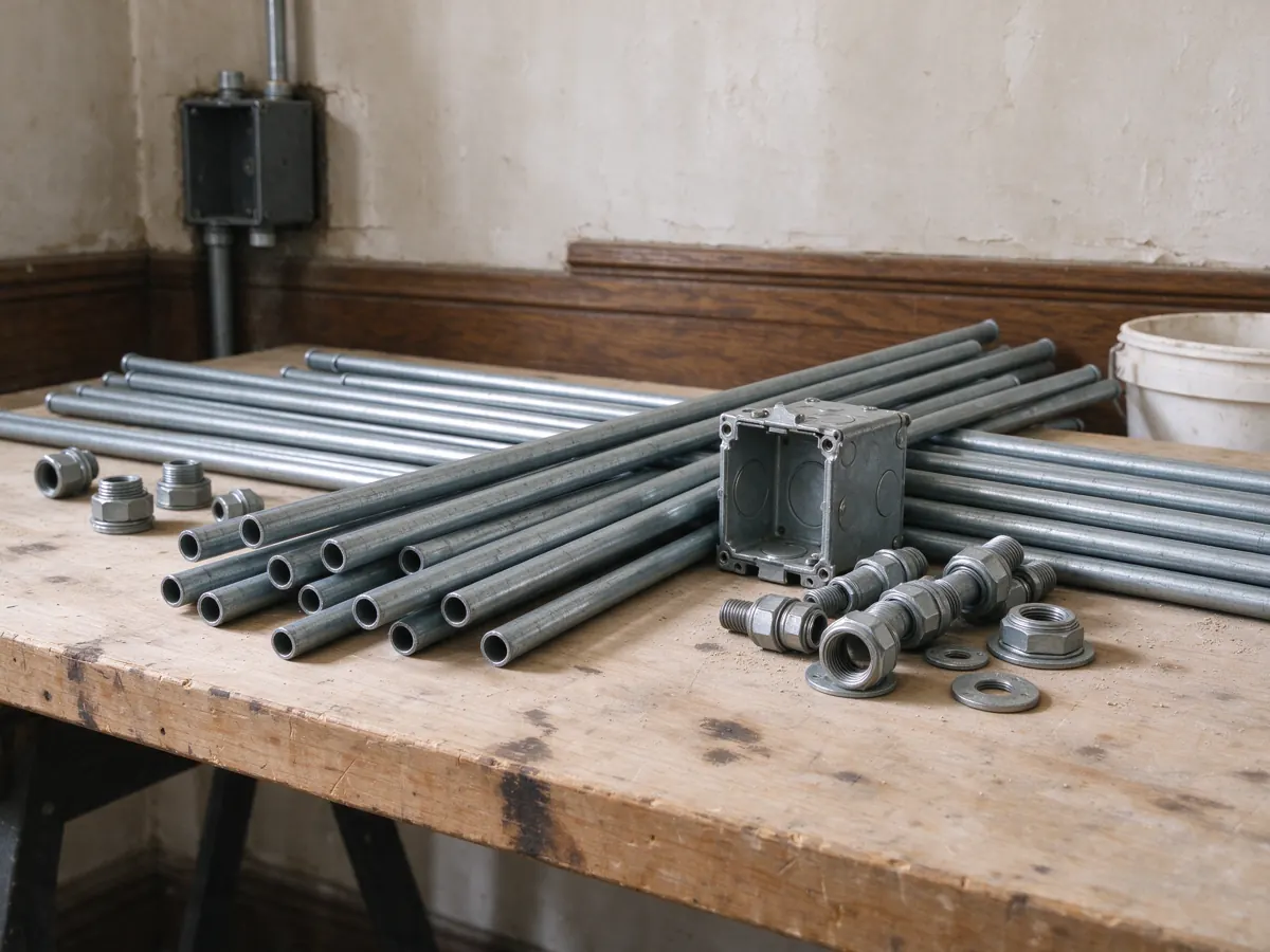 Lengths of metal conduit, an open electrical box and fittings arranged on a wooden workbench.