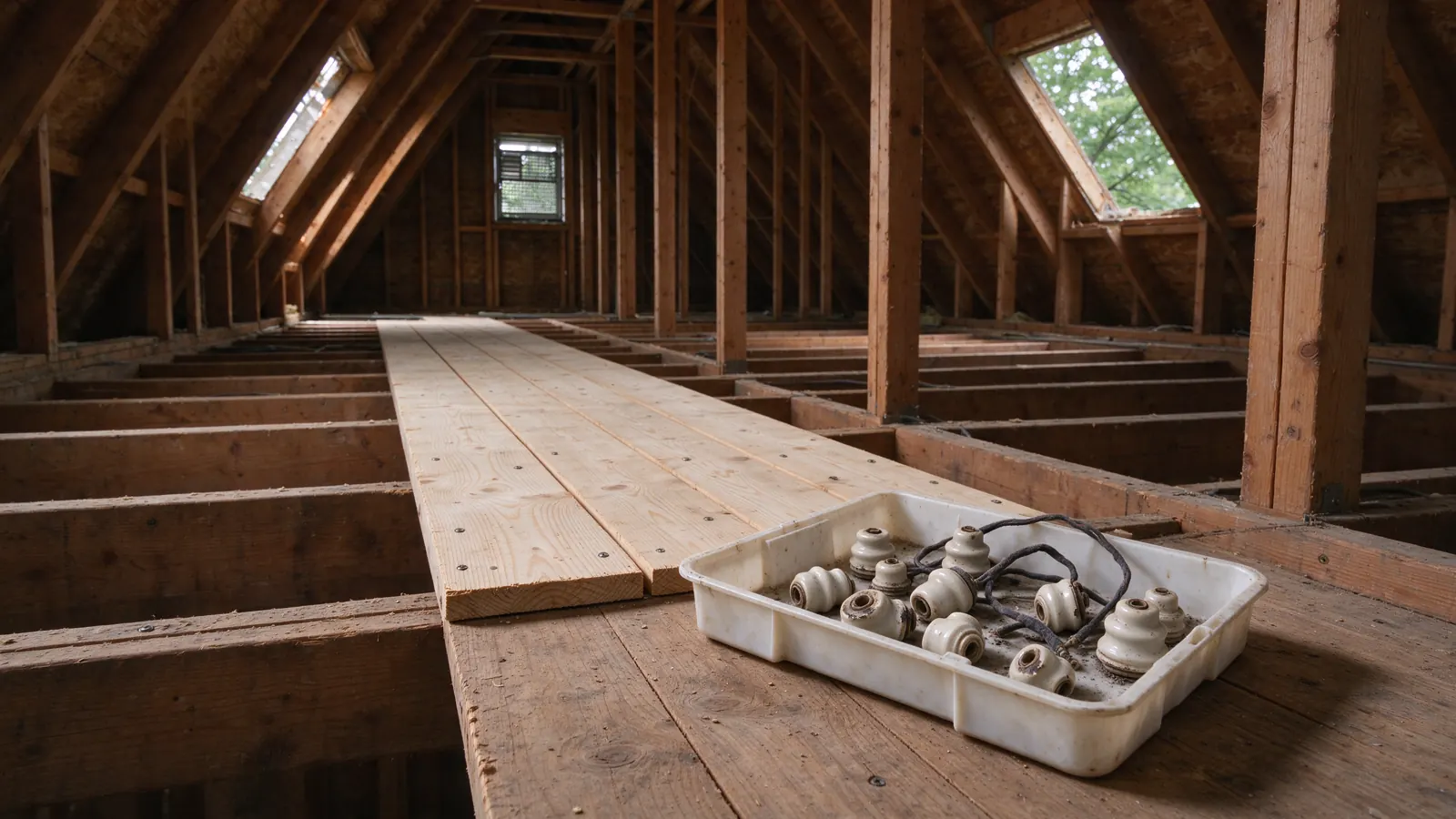 Exposed attic rafters and floor joists with loose boards and a tray of porcelain wiring parts.