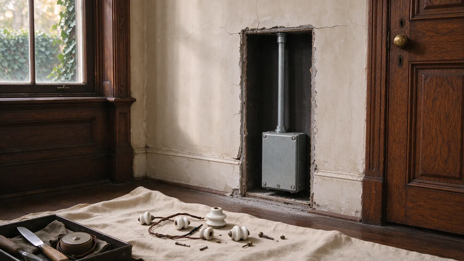 Covered metal box and vertical conduit inside a plaster wall opening, with porcelain parts on the floor cloth.