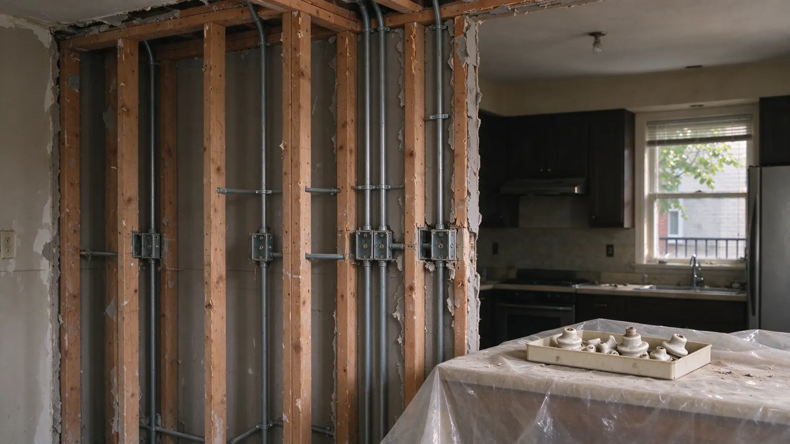 Exposed wall studs with metal conduit and electrical boxes, with porcelain parts on a covered table.