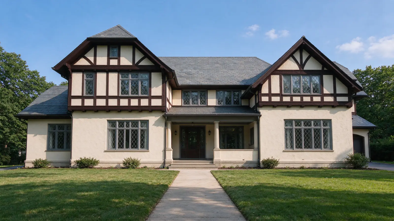 Large historic stucco and half-timbered house with steep gables in River Forest, Illinois.