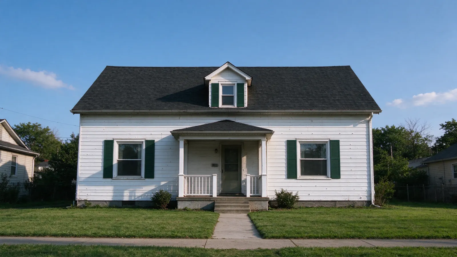Modest older wood-frame house with a front dormer on a sunny day in North Chicago, Illinois.