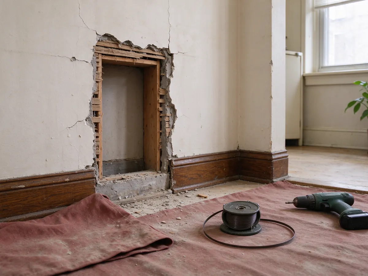 Opening in a plaster wall exposing wood framing, with a drill and spool on a red floor cloth.