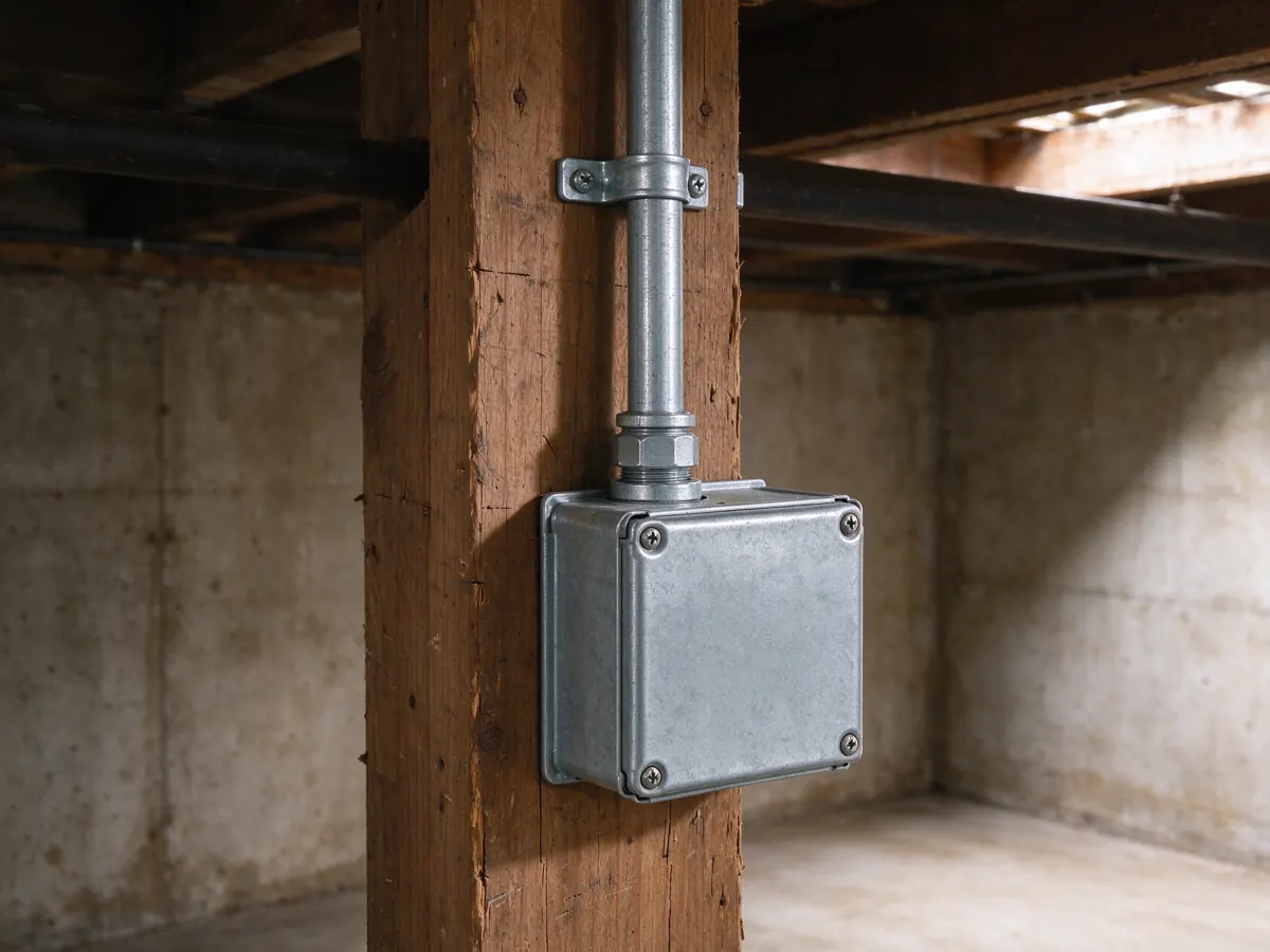 Covered metal electrical box and vertical conduit mounted on a wooden basement post.