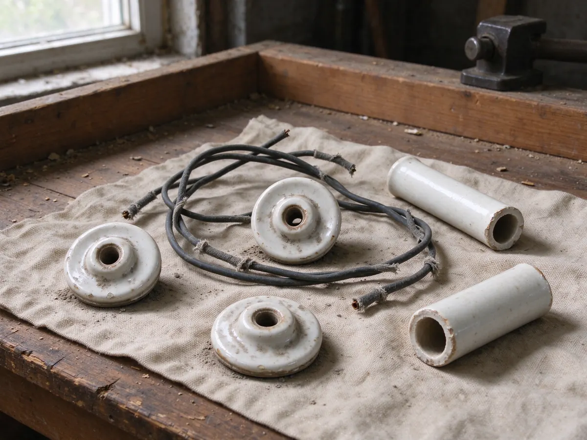 Loose porcelain knobs, tubes and wire pieces on a cloth-covered workbench beside a window.