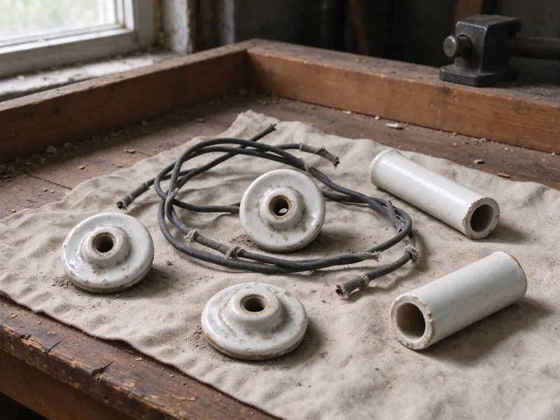 Loose porcelain knobs, tubes and wire pieces on a cloth-covered workbench beside a window.