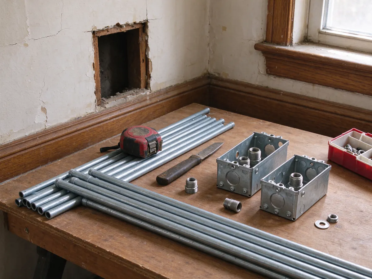 Straight metal conduit, electrical boxes, fittings and a tape measure on a wooden workbench.
