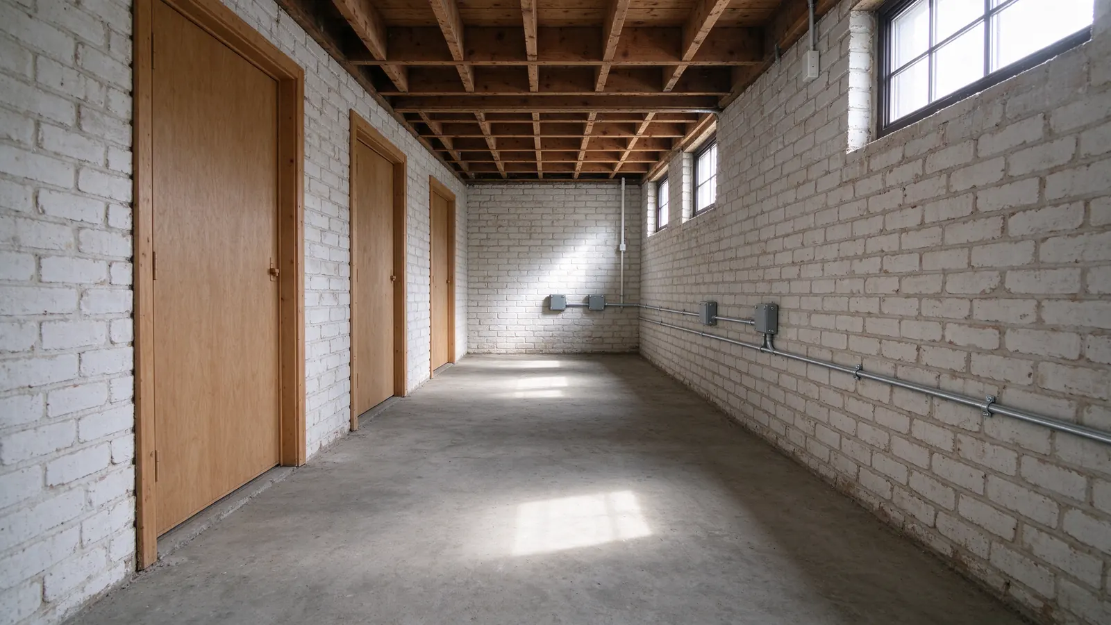 New steel conduit and junction boxes strapped along the whitewashed brick wall of a prewar Chicago three-flat basement hallway.