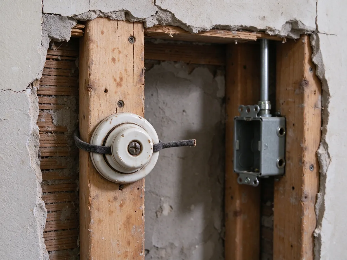 Old porcelain knob with a cut, disconnected cloth wire on a stud, beside a new steel outlet box and conduit in an opened Chicago kitchen wall.