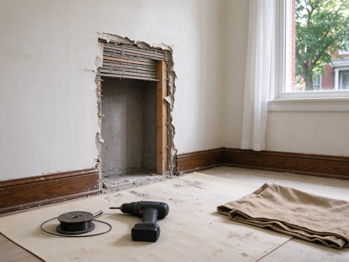 Plaster wall opening with wood lath and a stud exposed, with a drill and spool on the floor.