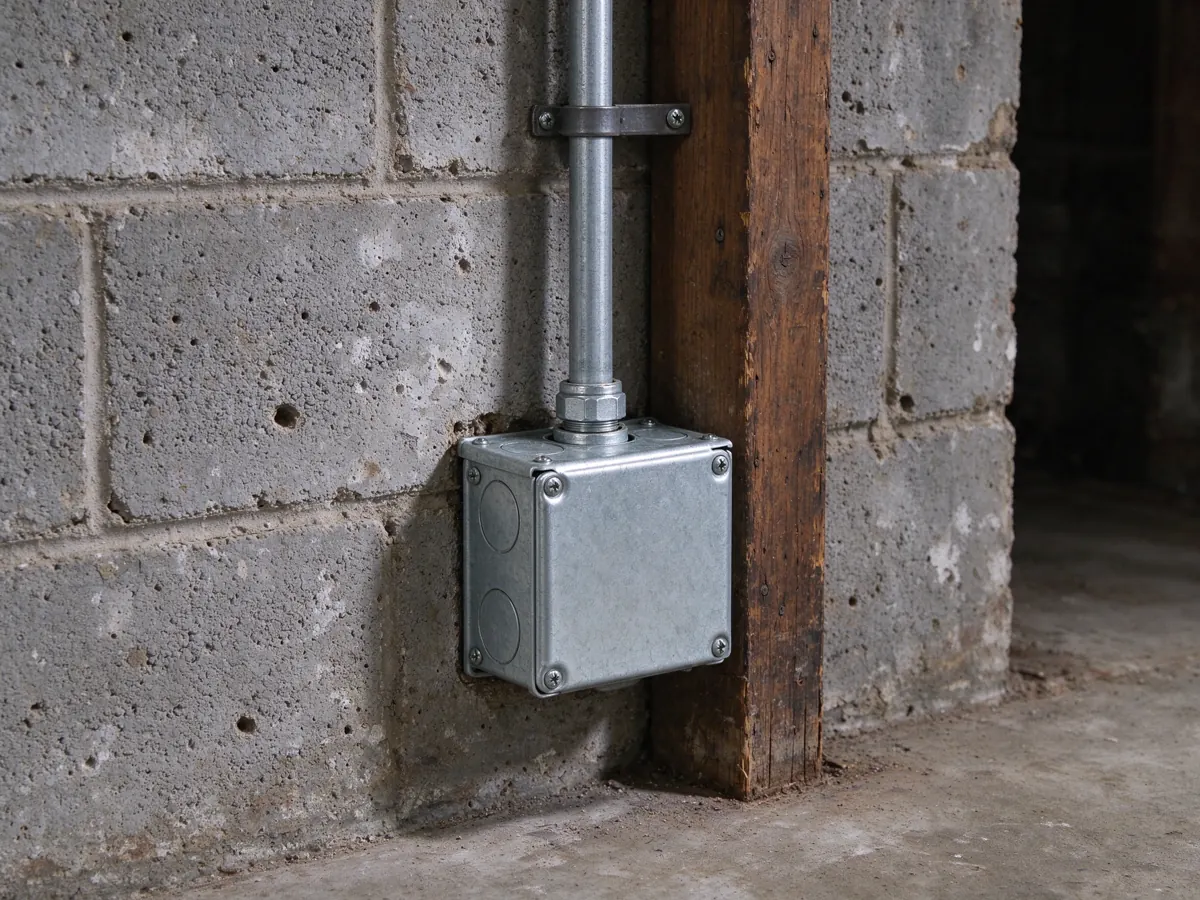 Covered metal electrical box and vertical conduit on a wooden post beside a block wall.
