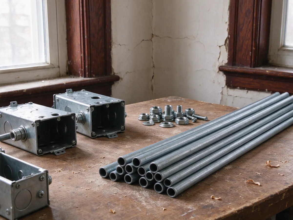 Bundle of straight metal conduit with electrical boxes and loose fittings on a wooden workbench.
