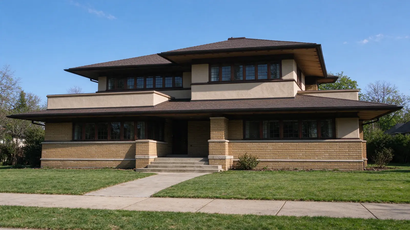 Prairie School style house with brick piers and deep roof overhangs on a clear day in Oak Park, Illinois.