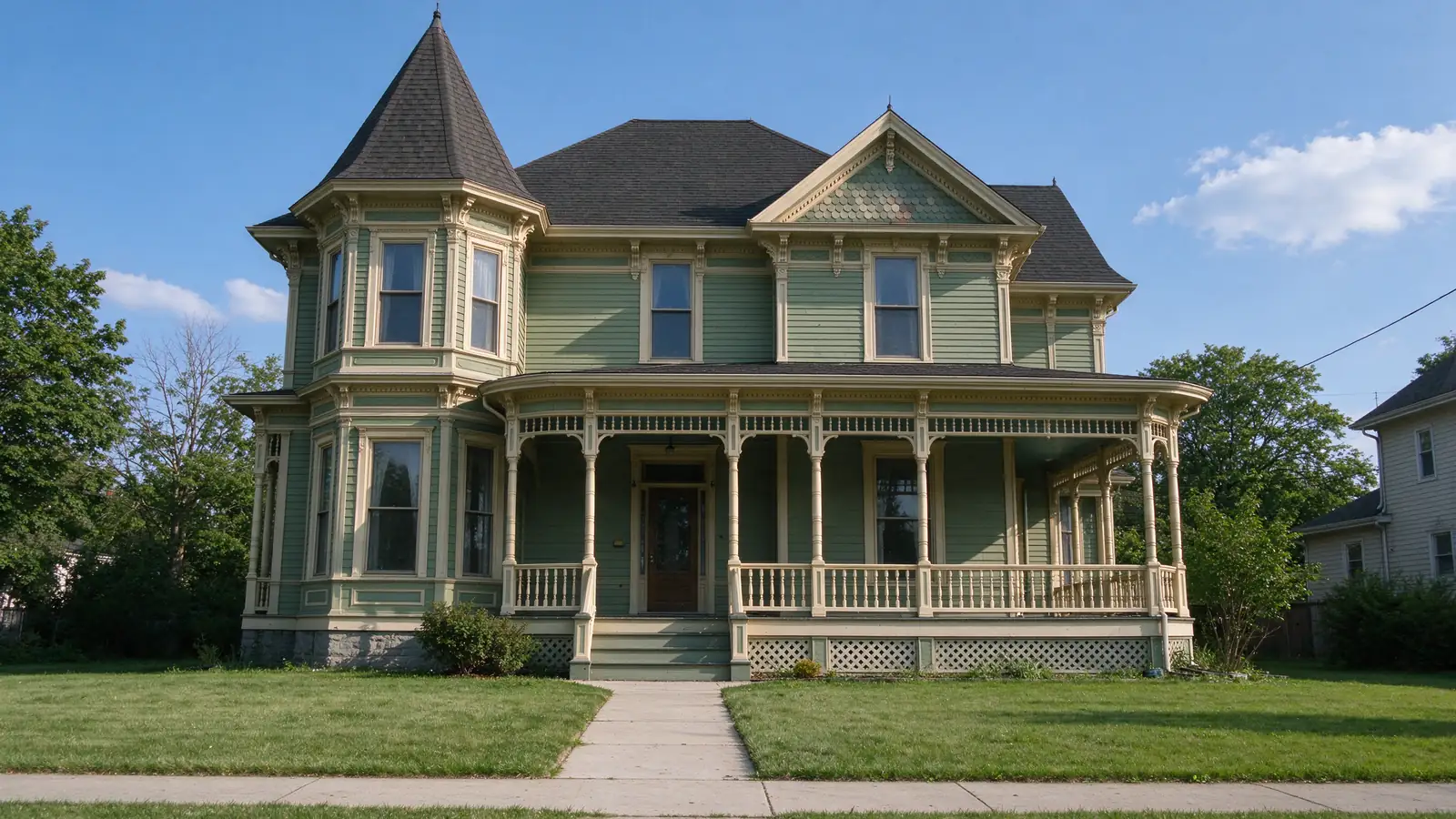 Queen Anne Victorian house with a corner turret and wraparound porch in historic Elgin, Illinois.
