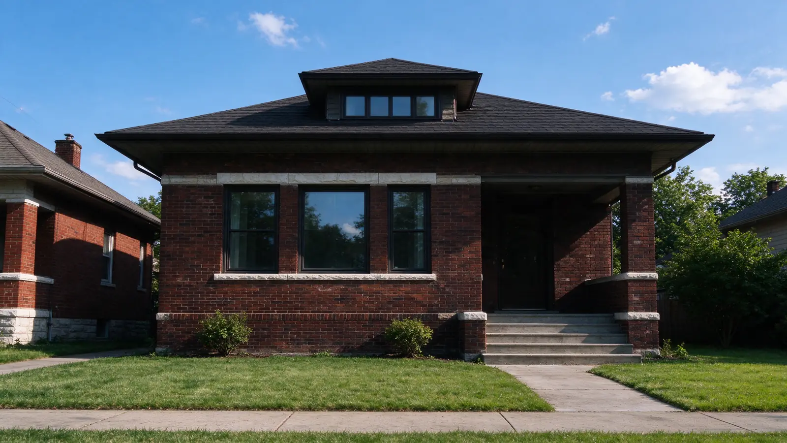 Red brick Chicago-style bungalow with a front dormer and limestone sills on a sunny day in Berwyn, Illinois.