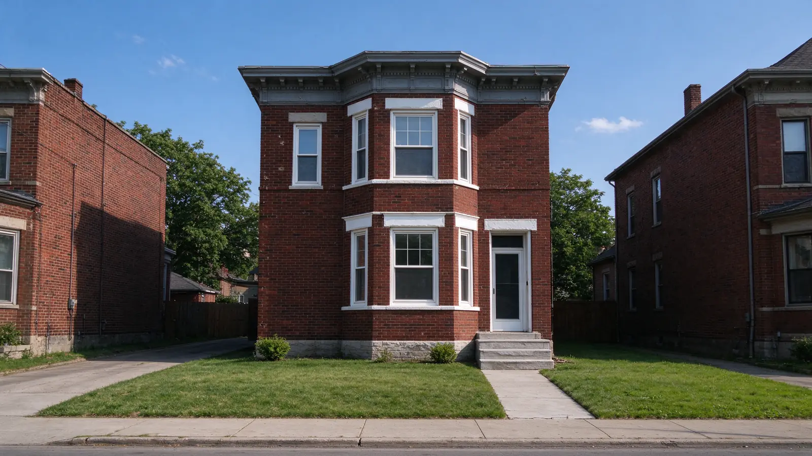 Red brick two-flat with a two-story front bay and metal cornice in Logan Square, Chicago.