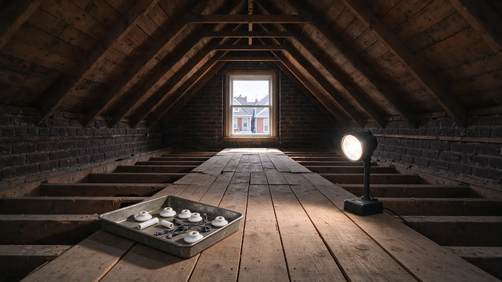 Removed porcelain knobs, tubes and cloth wire in a tray on a plank walkway in a Chicago brick bungalow attic.