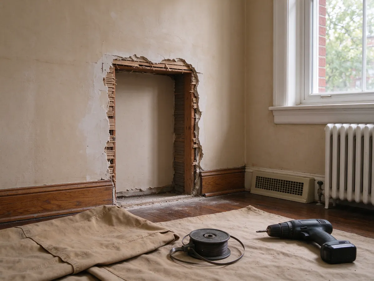 Plaster wall opening exposing wood framing, with a radiator, window and protected floor nearby.
