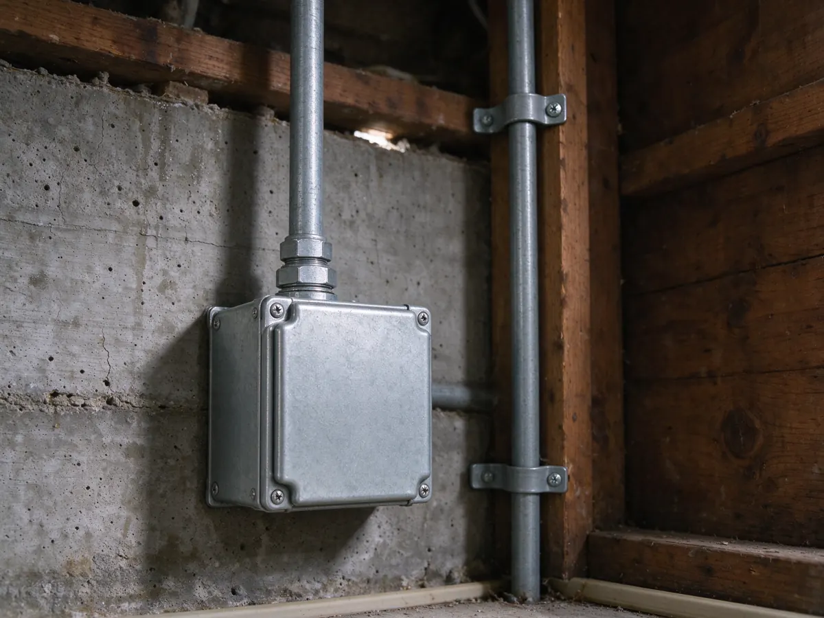 Covered metal electrical box and conduit on masonry, beside a separate conduit run on a wood post.