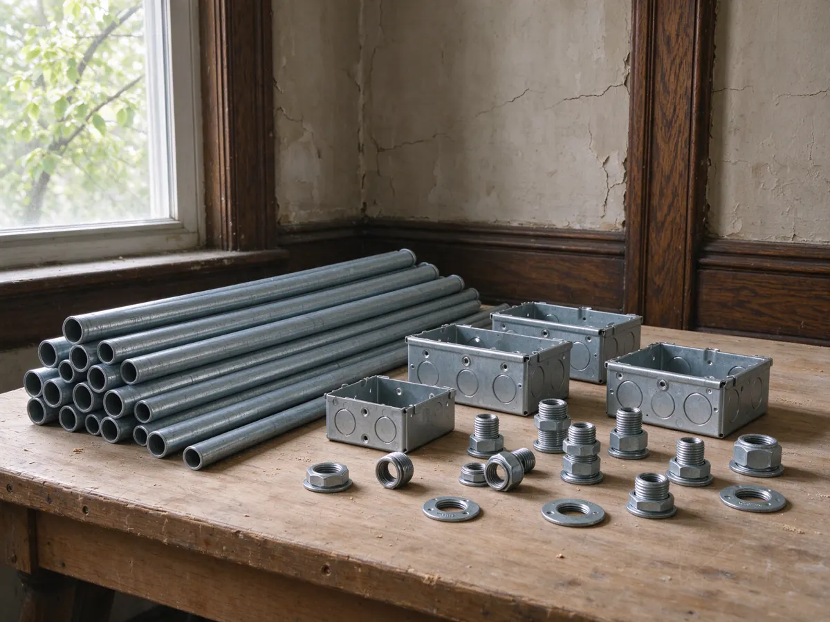 Metal conduit lengths, open electrical boxes and loose fittings on a workbench beneath a window.